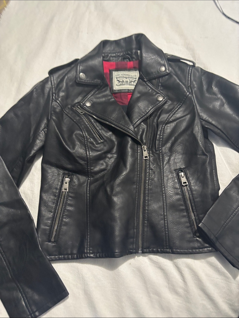 Levi’s Women Classic Faux Leather Asymmetrical Moto Jacket with Red Plaid Lining